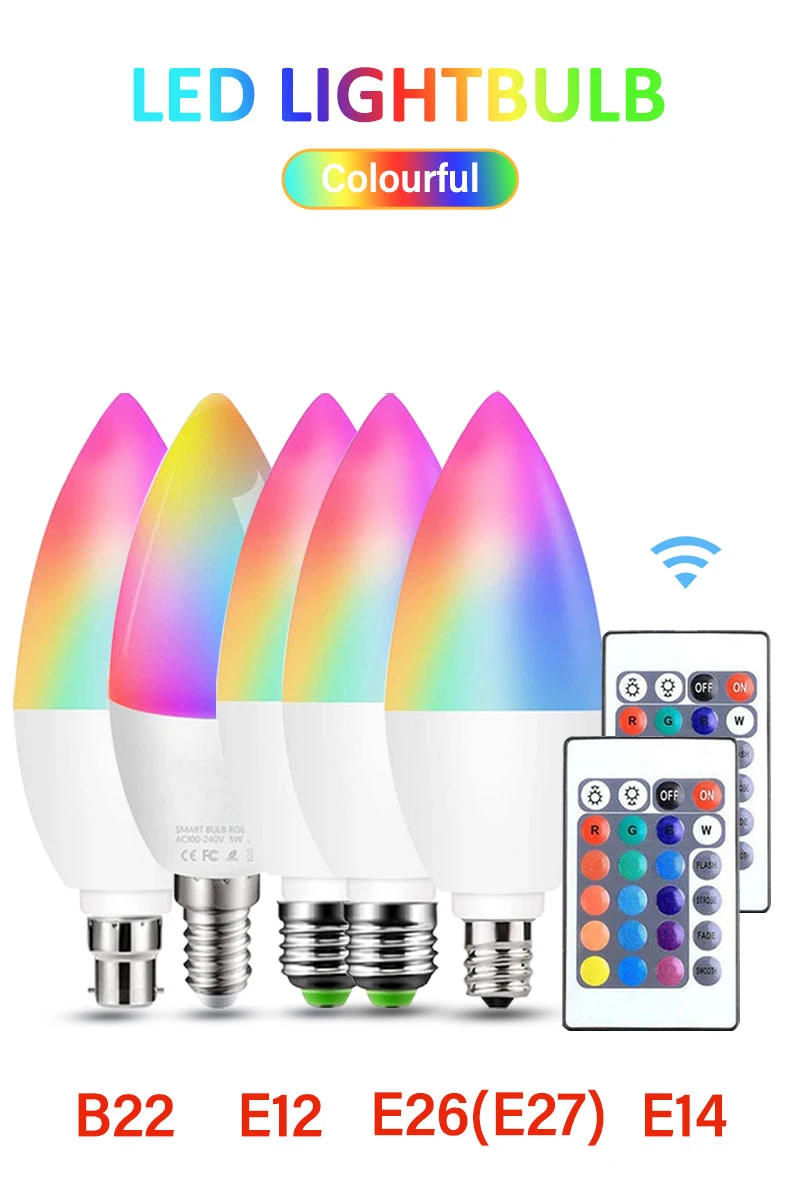 Description Picture 2 of itemE14/E122/B22 Smart Led Light Bulbs RGB CW Led Candle Lamp E14 Bulb Remote Dimmable Lamp Smart Chandelier Lighting Bulb New