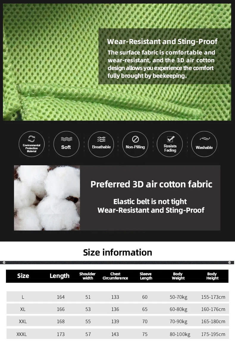 Description Picture 2 of itemBee Suit Professional Grade Preferred 3D Air Cotton Fabric Full Body Beekeeping Protective Clothing Beekeeper Suits  Equipment