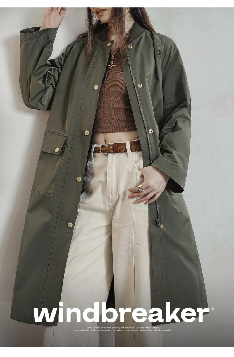 Description Picture 3 of itemMaden Retro Olive Green Mid-length Trench Coat Loose Fit with Flap Pockets Versatile Spliced Coat for Women's Spring and Autumn