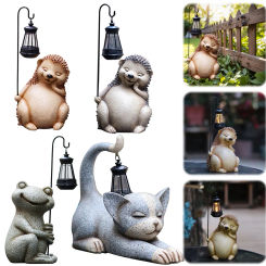Funny Resin Animal Sculpture with Solar Outdoor Light Outdoor Lawn Decor Hedgehog Sculpture Loving Cat Unique Housewarming Gift