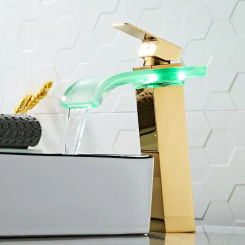 Bathroom Waterfall Faucet LED Faucet Gold Waterfall Brass Basin Bathroom Mixer Tap Deck Mounted Basin Sink Mixer Tap