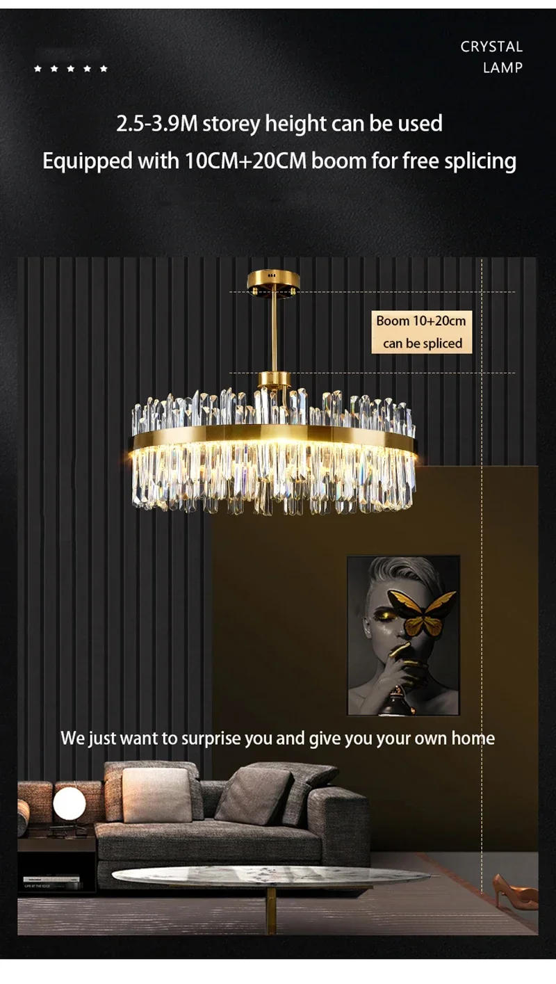 Description Picture 5 of itemMinimalist LED Luxury Crystal Chandeliers Lustre Ceiling Pendant Light for Dining Living Room Hotel Hall Decor Hanging Lighting