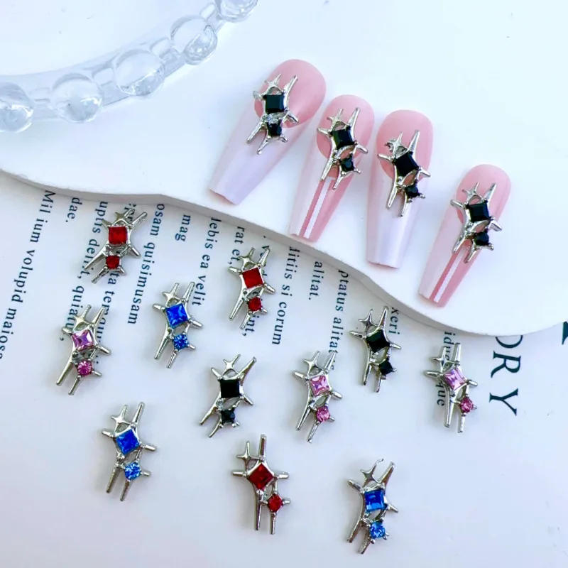 Description Picture 5 of item10Pcs New Punk Alloy Four-Pointed Star Nail Charms Y2K Studded Rhinestones Nail Art Decorations Accessories DIY Press On Nails