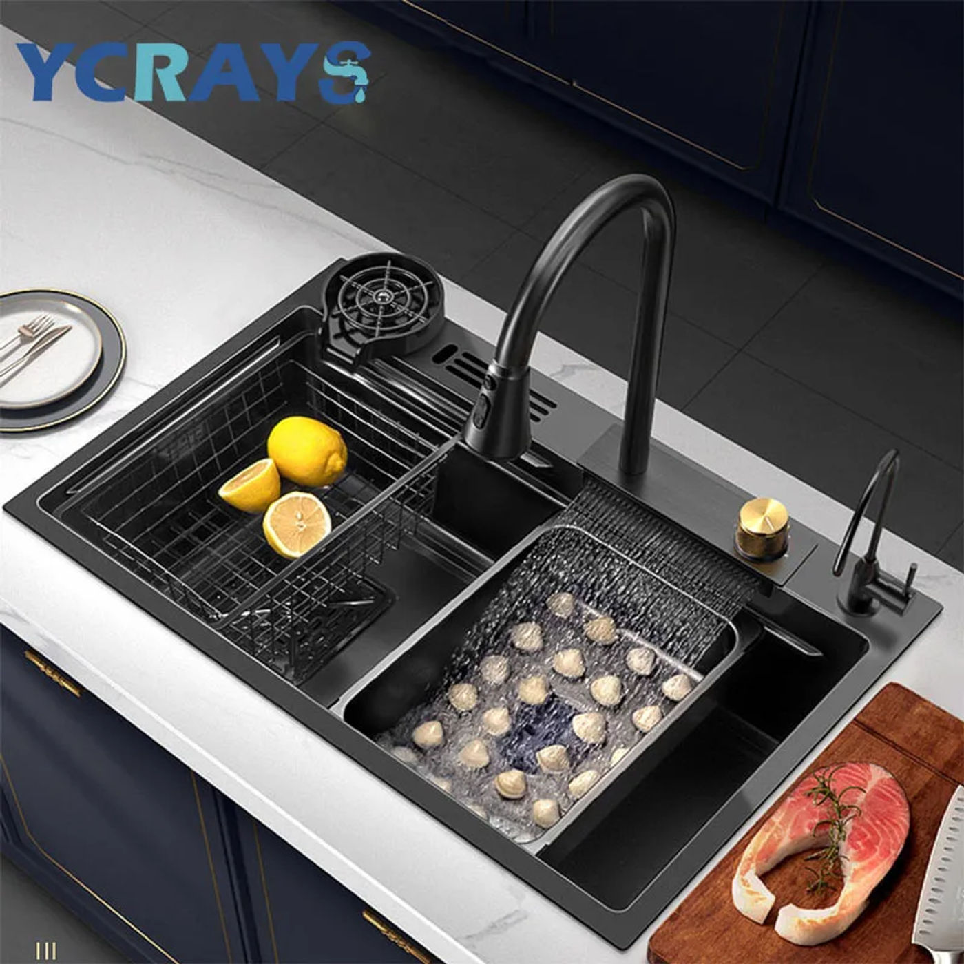 Description Picture 2 of itemYCRAYS Nano Kitchen Sink With Knife Holder Black Waterfall Faucet Large Single Bowl Accessories Pure Tap Cup Wash Soap Dispenser