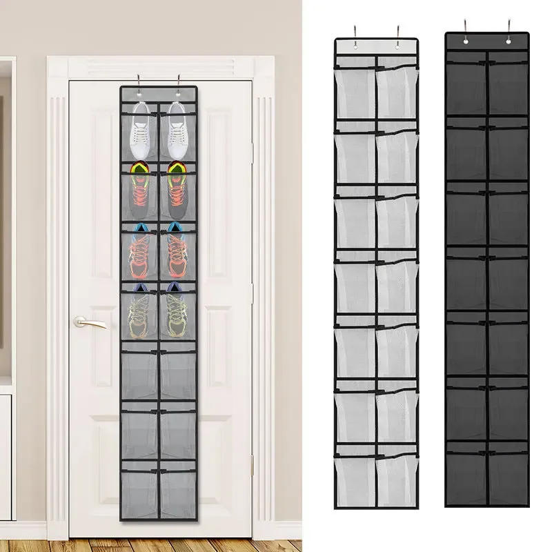 Description Picture 4 of item12/14 Pockets Over the Door Shoe Organizer Large Mesh Pockets With 4 Hooks Transparent Fabric Shoe Rack Storage Bag For Bedroom