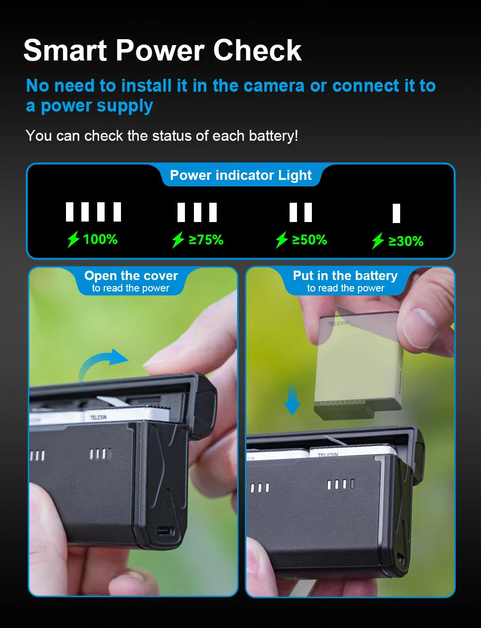 Description Picture 4 of itemTELESIN Portable Battery Charger for Gopro Hero 13 Accessories 3-Slots Storage Smart Charging Case Action Camera Accessories