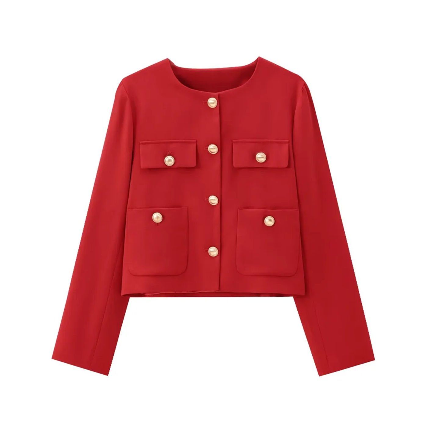 Description Picture 6 of itemTRZA-Cropped Jacket with Golden Buttons for Women, O Neck, Long Sleeve, Female Outerwear, Chic Tops, Fashion