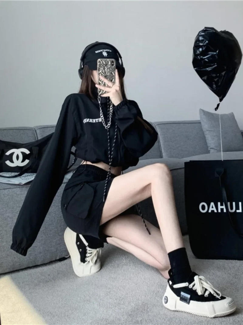 Description Picture 6 of itemKorean Two Piece Set Long Sleeve Zipper Coat High Wast Bodycon Skirts Outfits Vintage Y2k Clothing Fashion Skirt Women Outfits