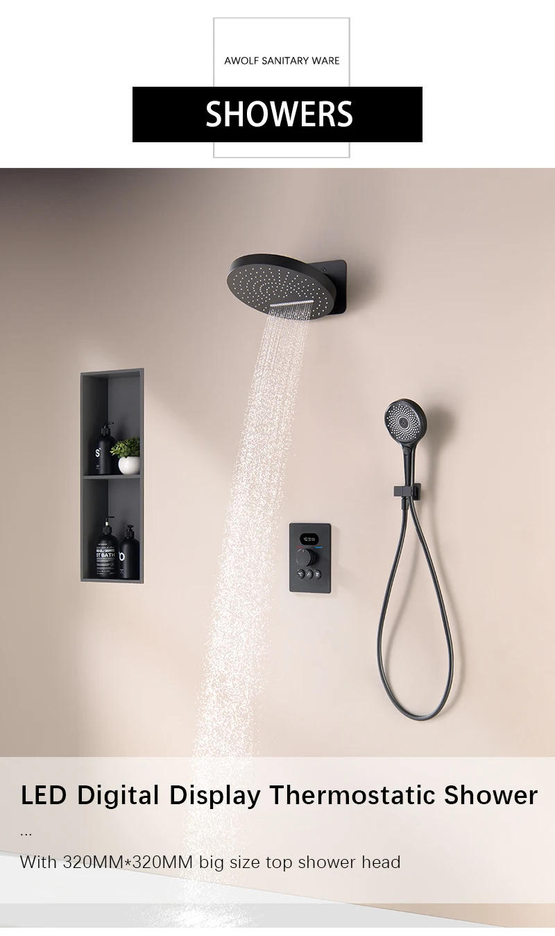 Description Picture 2 of itemLED Digital Display Bathroom Thermostatic Shower System Solid Brass Wall Mounted Waterfall Embedded Bath Shower Mixer Set AH3064