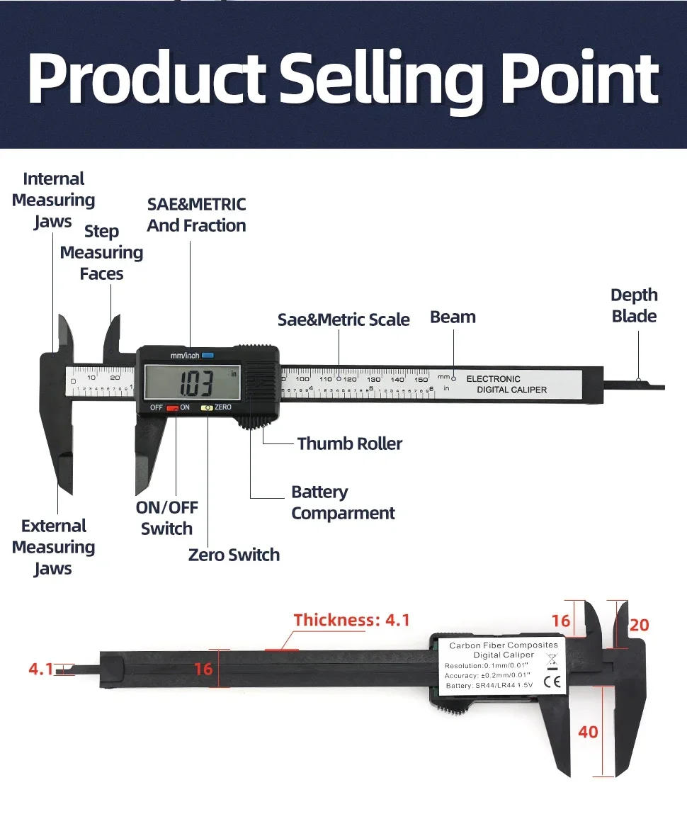 Description Picture 4 of itemPachymeter Digital Caliper Plastic Vernier Calipers Woodworking Tools Thickness Gauge Measuring Tools Caliber Electronic Ruler