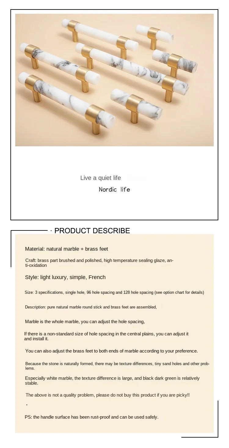 Description Picture 2 of itemNatural Marble Furniture Handles Solid Brass Base Cabinet Handle Light Luxury Bedroom Wardrobe Pulls Black Door Knobs Hardware
