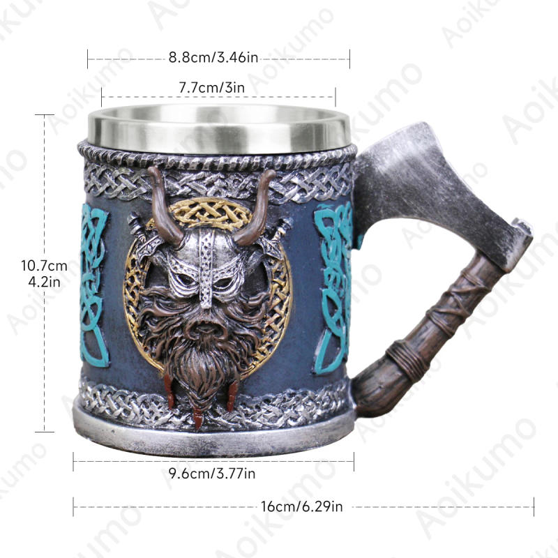 Description Picture 2 of itemValhalla Viking Stainless Steel Single Handle Horn Skull Beer Stein Cup Nordic Viking Warrior Skull Mug Tankard 400ml Halloween