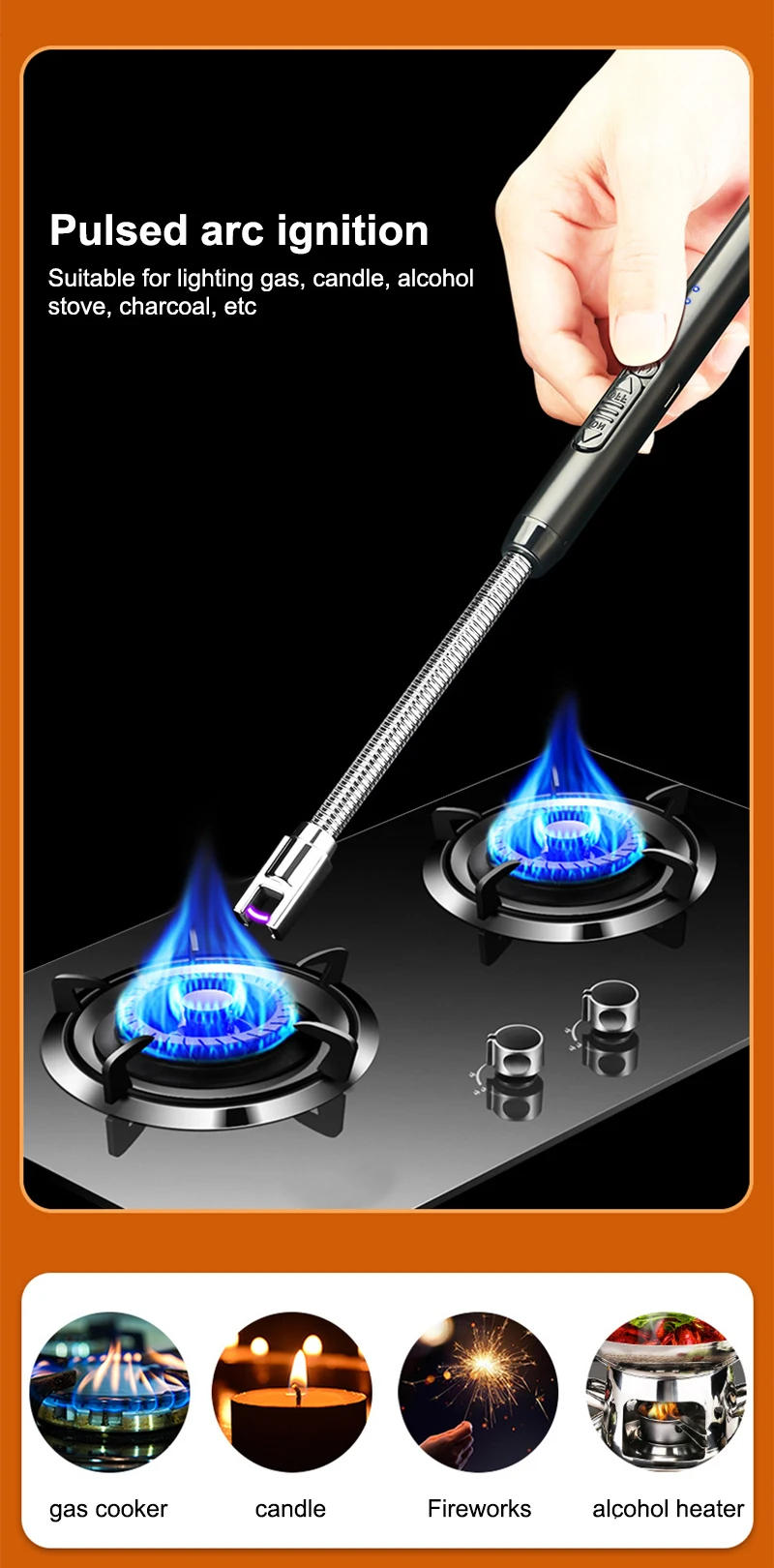 Description Picture 3 of itemKitchen USB Electric Arc Lighter Rechargeable Windproof BBQ Flameless Plasma Candle Long Lighters Hose Gas Stove Ignition Gun