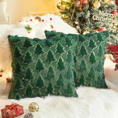 Christmas Throw Pillow Cover 18x18Inch Green Christmas Tree with Gold Sequins Winter Holiday Faux Fur Pillowcases Decor for Home