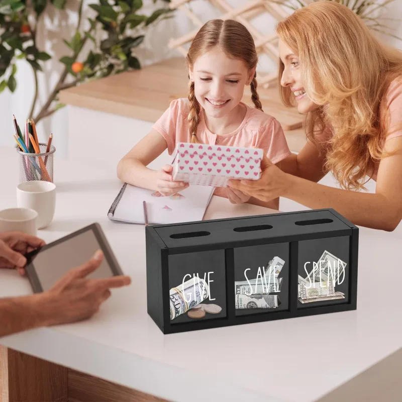 Description Picture 6 of itemWooden Give Save Spend Money Saving Box for Kids, Countertop Kid Piggy Bank for Daily Cash, Wall-Mount Kids Bank