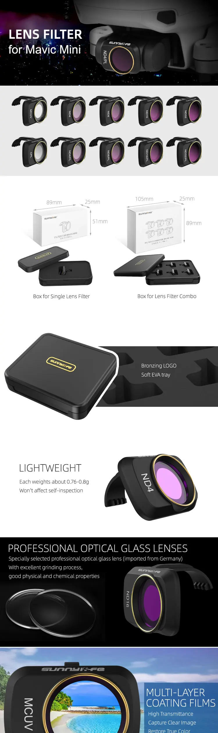 Description Picture 2 of itemFor DJI Mavic Mini 2 / Mini 4K Camera Lens Filter MCUV ND4 ND8 ND16 ND32 CPL Filters Kit for DJI Mavic Mini SE Drone Accessorie