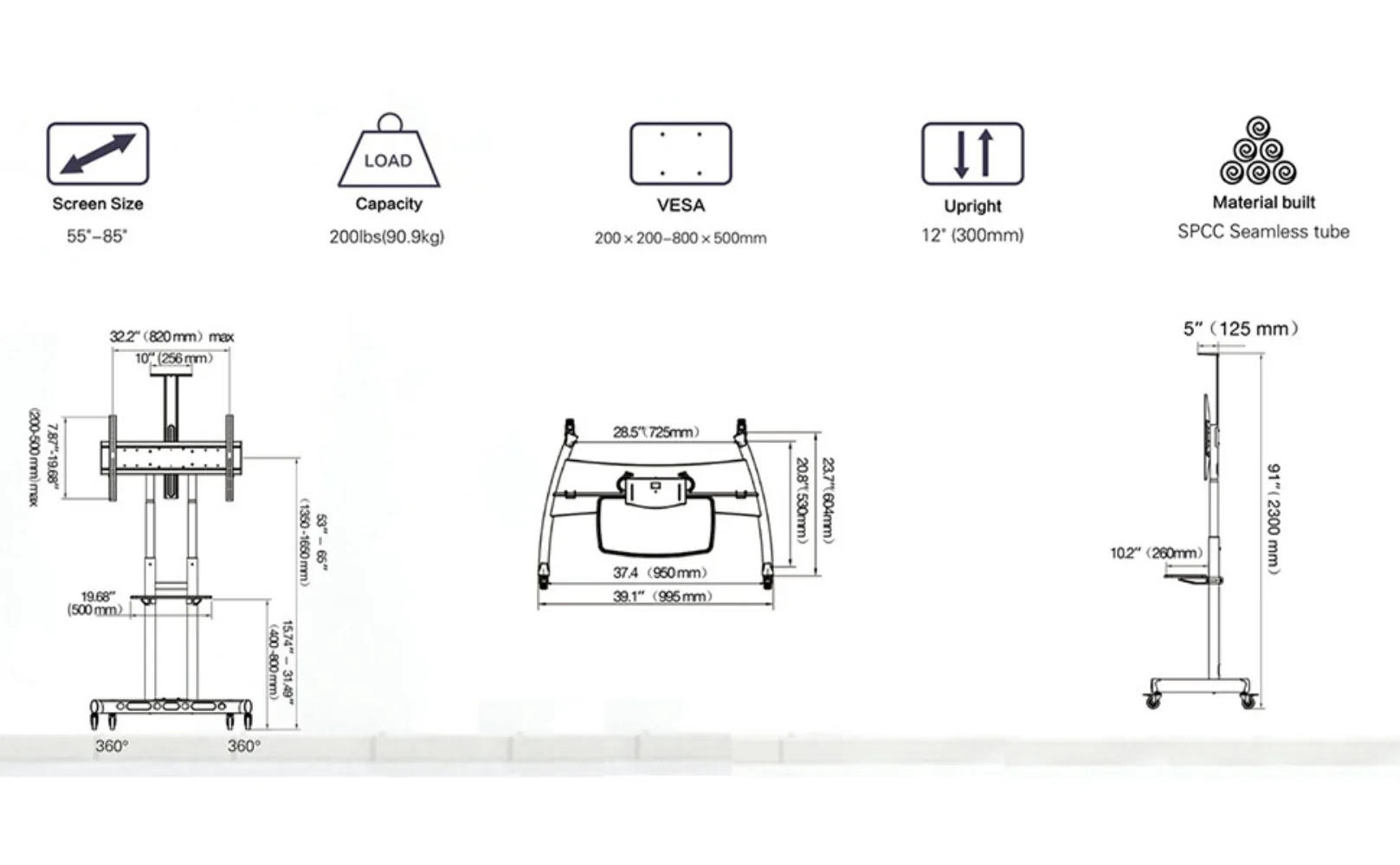 Description Picture 4 of itemNB North Bayou Mobile TV Cart TV Stand with Wheels for 55" - 85" Inch LCD LED OLED Plasma Flat Panel Screens up to 200lbs