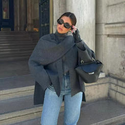 Fashion Scarf Collar Woolen Blends Jackets Women Elegant Long Sleeve Split Hem Loose Short Coats Fashion Autumn Lady Outerwear