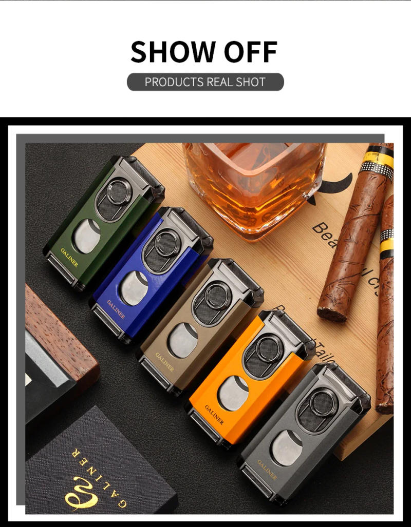 Description Picture 4 of itemGaliner Cigar 3 Jet Flame Torch Lighter Stainless Guillotine Cutter PunchButane Gas Smoking Lighters For Cigar Lighting Tool