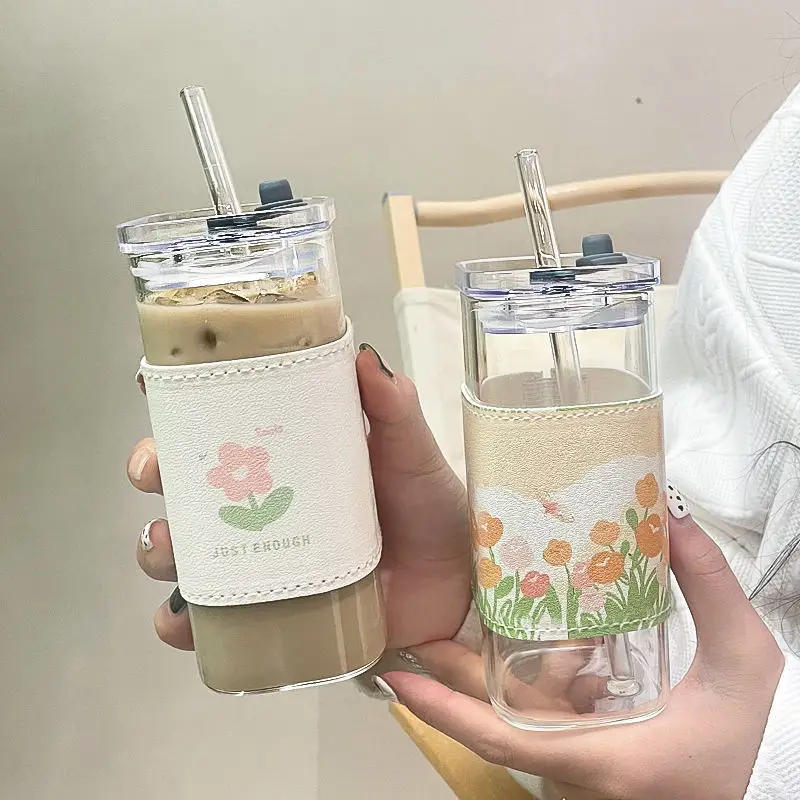 Description Picture 5 of itemSquare Heat Resistant Transparent Tulip Glass Cup with Lip and Straw  Milk Tea Coffee Cup Mugs Home Bar Drinkware Couple Gifts