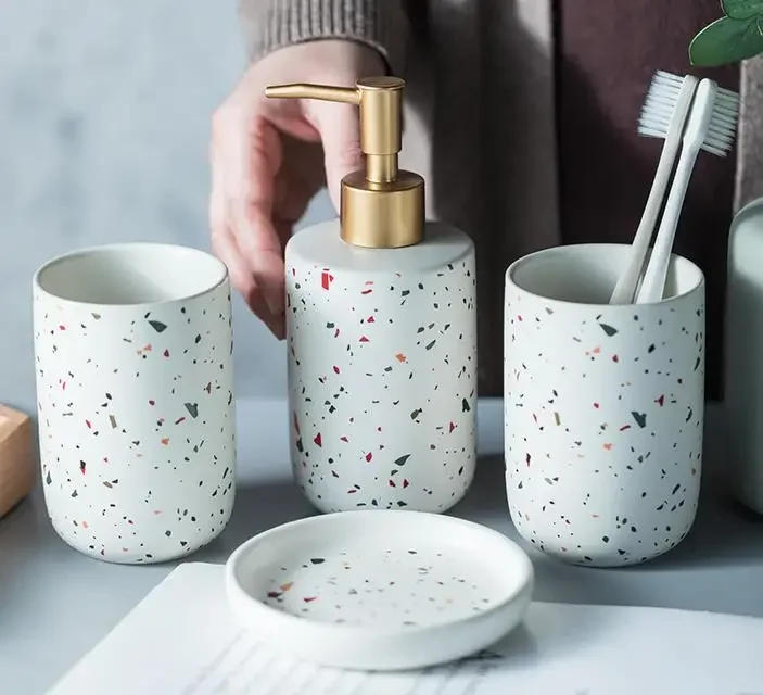 Description Picture 4 of itemEuropean Bathroom Decoration Bathroom Accessories, Terrazzo Ceramic, Emulsion Bottle, Gargle Cup, Soap Dish, Art Supplies