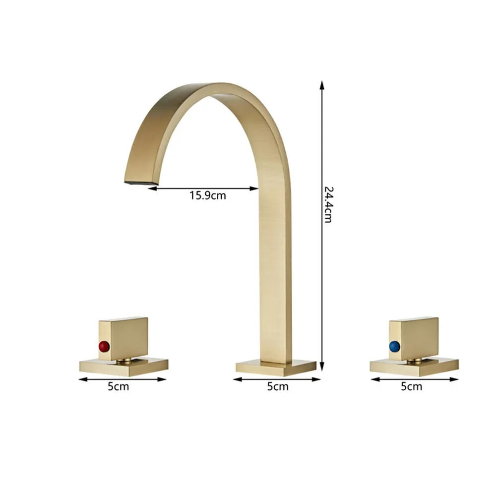 Description Picture 2 of itemBrushed Gold Basin Faucet  Sink Tap Gold Square Brass Bathroom Sink 3 Hole Double Handle Hot And Cold Water Tap