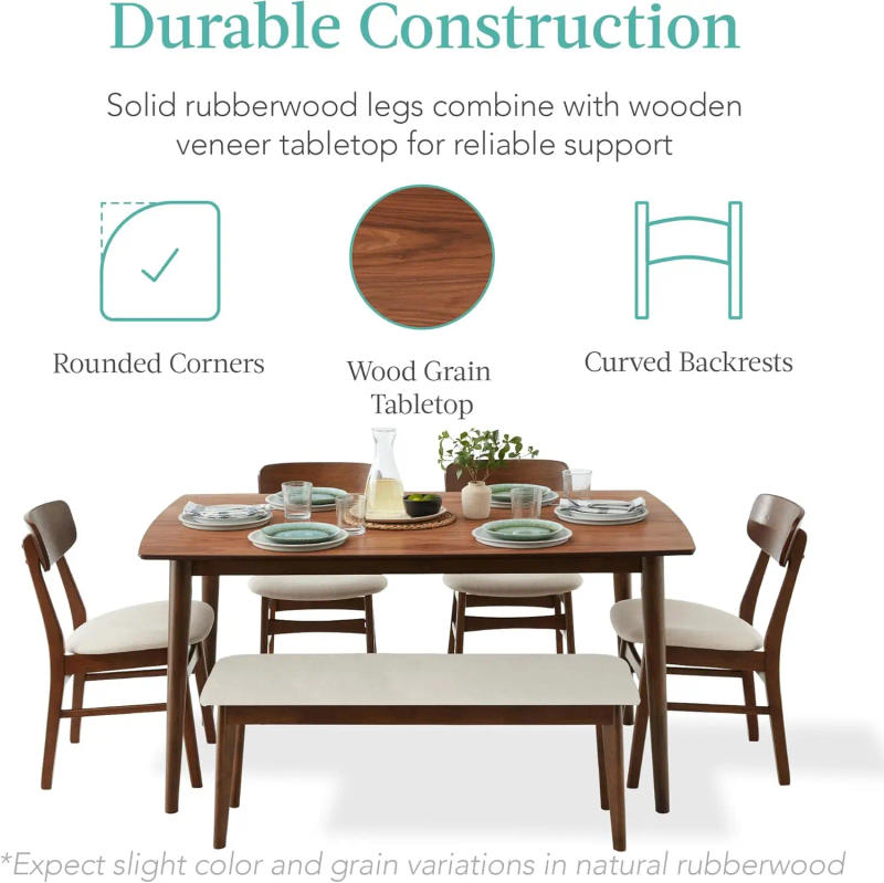 Description Picture 5 of item6 Piece Dining Set Mid Century Modern Wooden Table Upholstered Chair Set for Home Kitchen Dining Room 4 Chairs Bench Seat