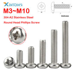 M3 M3.5 M4 M5 M6 M8 M10 Cross Round Head Bolt Phillips Machine Screw 304-A2 Stainless Steel Length 3mm-100mm