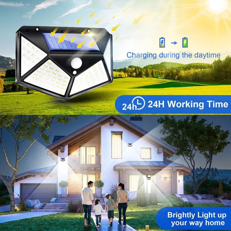 Description Picture 2 of itemSolar LED Outdoor Garden 100LEDs Lamp Human Body Induction Wall Lamps Four Sides 100LED Charging Home Decor Road Lights