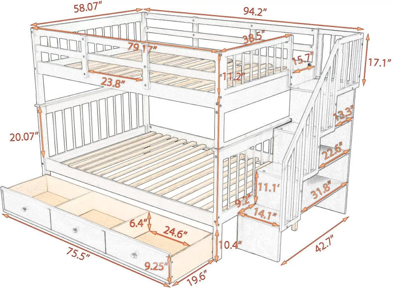 Description Picture 3 of itemBeds Full Over Full Bunk Bed with Stairs Storage and Drawers Solid Wood Bunkbed can be Separated into 2 Platform Bedframe Gray