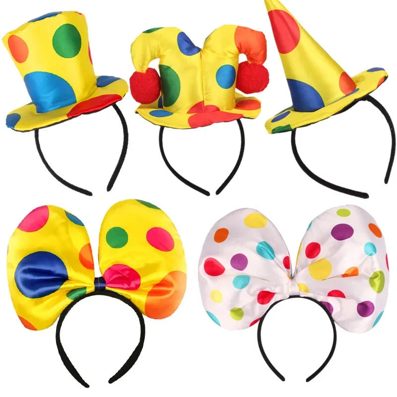 Description Picture 6 of itemFunny Clown Headdress Yellow Colored Clown Dots Bow Headwear Circus Performance Props Funny Joker Hats Makeup Party Decorations