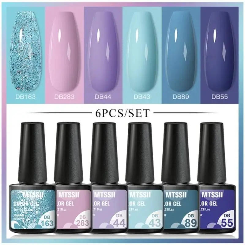 Description Picture 3 of itemMtssii 6PCS/Set Blue Nail Polish Gel Set Sequins Semi Permanent Base Matte Top Coat Soak Off LED UV Nail Art Gel Varnish Kit