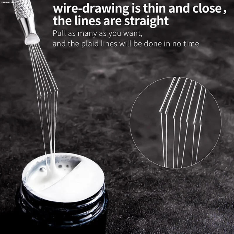 Description Picture 3 of item3/1pcs 7 Pin Stripe Steel Nail Art Liner Brushes Ultra-thin Line Drawing Pen Multi Head UV Gel Brush Nail 3D Tips Painting Tools