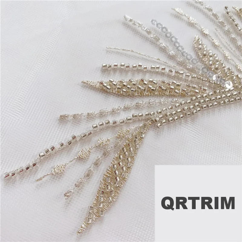 Description Picture 5 of itemMesh Lace Trims Sew On Patches, Gold Thread, Silver Beads, Feather Leaves, Embroidery, Wedding Appliques, DIY Decoration 45x49cm