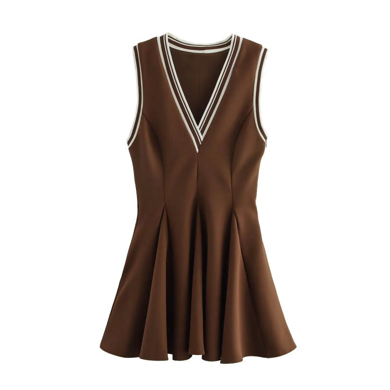 Description Picture 4 of itemTRAFZA Women Vintage Flared Dress V-Neck Brown Romantic Dress New 2025 Spring Summer Fashion Retro Casual Vacation Mini Dress