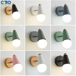 Modern Macaron Wall Lamp Iron Wood Mirror Light Bedside Bedroom Indoor Lighting E27 Light Bulb Retro LED Wall Light Nordic