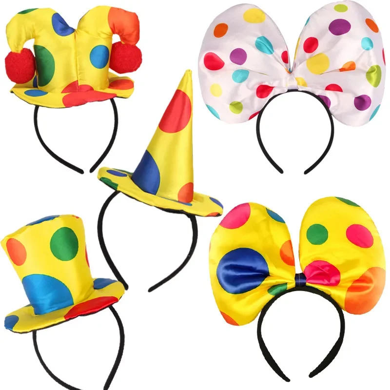 Description Picture 2 of itemFunny Clown Headdress Yellow Colored Clown Dots Bow Headwear Circus Performance Props Funny Joker Hats Makeup Party Decorations