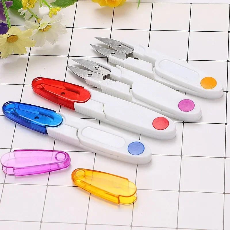 Description Picture 2 of itemPractical U Shape Scissors Plastic Handle Safety Cover Sewing Scissors Thread Embroidery Cross-stitch Cutter Mini Spring