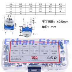 100Pcs/Box Blue white RM065 Carbon Film Horizontal Trimpot Potentiometer Assortment Kit 10 Values Variable Resistor 500R - 1M