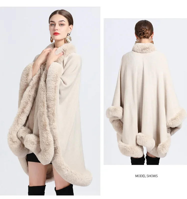 Description Picture 4 of itemSolid Women Winter Thick Warm Loose Poncho Big Pendulum Cape Faux Fur Collar Long Cloak Outstreet Wear Beige Coat