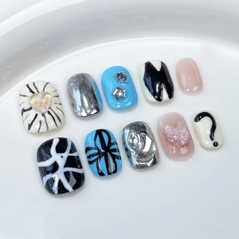 Description Picture 6 of item10Pcs Color Dopamine False Nails Cartoon Cute False Nails 3D Line Design Nail Art Handmade Short Square Press on Nail with Glue
