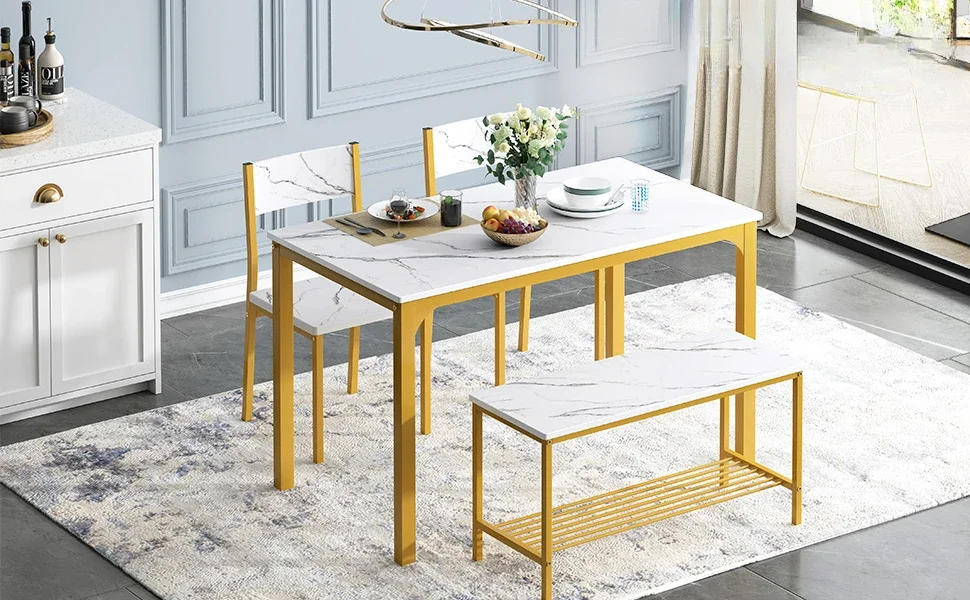 Description Picture 2 of item4-person Dining Table Set, 43.3-inch Kitchen Dining Table Set, 2-person Bench Dining Room Set with Storage Rack