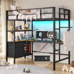 Metal Loft Bed with L-shaped Desk, LED Lights,Charging Station LED Loft Bed Frame  with 3 Storage Shelves