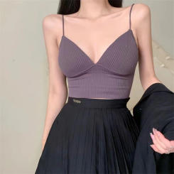 Womens Camisole Slim Fit Sexy Stretch Push Up Bra with Chest Pads Cropped Navel Short Tube Top V-Neck Tops Sexy Babes Suspenders