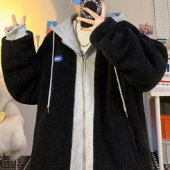 Lambswool Fur Patchwork Men Jacket Korean Style Zipper Drawstring Colorblock Winter Thick Coat Loose Hooded Sweatshirt Jacket