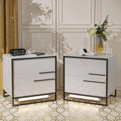 Set of 2 Auto LED Nightstands with 2 High Gloss Drawers Grey Nightstand with Sensor Lights 3 Colors Adustable