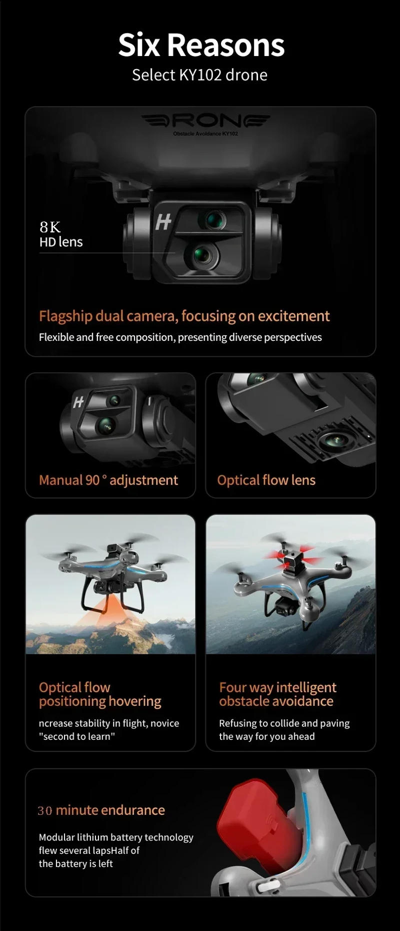 Description Picture 5 of itemNew KY102 Drone 8K Professional HD Dual Camera Aerial Photography Obstacle Avoidance Optical Four-Axis RC Aerocraft Toy