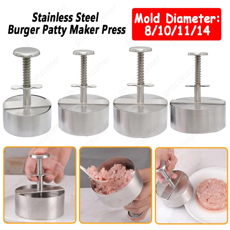 Description Picture 5 of itemHamburger Patty Maker Press 8/10/11/14cm Diameter Stainless Steel Non-Stick Round Manual Rice Ball Mold Kitchen Beef BBQ Tools