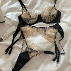 Champagne color lingerie three-piece set of thin large breast underwear sexy lace bra breathable romantic women bras set