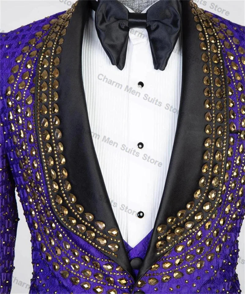 Description Picture 5 of itemPurple Jacquard Crystals Men Suits Set 2 Piece Blazer+Pants Custom Size Jacket Office Formal Groom Wedding Tuxedo Prom Dress